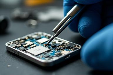 Close up of a mobile phone being repaired with tools